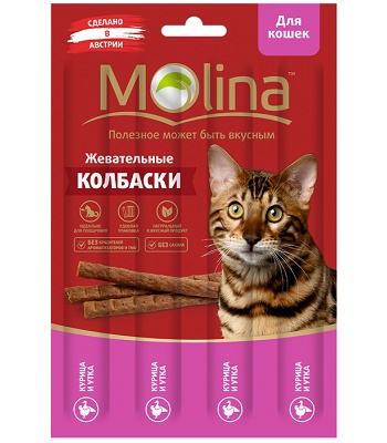 Molina жевательные колбаски для кошек с курицей и уткой
