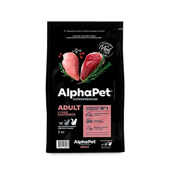 AlphaPet Superpremium сухой корм для кошек крупных пород Утка и цыпленок