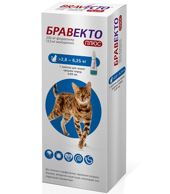 Intervet БРАВЕКТО Плюс капли против блох и клещей для кошек 2,8-6,25 кг