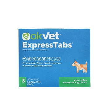АВЗ OkVet Express Tabs таблетки от блох, клещей и гельминтов для собак весом от 5 до 15 кг