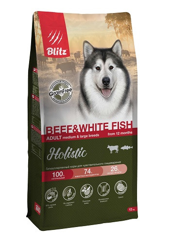 Blitz Holistic Beef & White Fish беззерновой сухой корм для собак средних и крупных пород