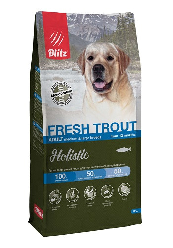 Blitz Holistic Fresh Trout низкозерновой сухой корм для собак средних и крупных пород