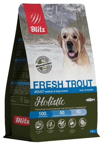 Blitz Holistic Fresh Trout низкозерновой сухой корм для собак средних и крупных пород