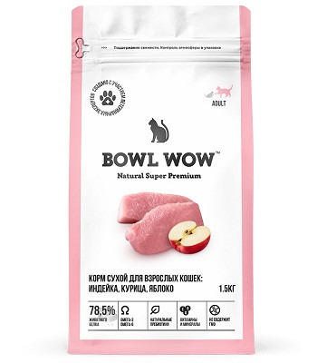 Bowl Wow сухой корм для взрослых кошек Индейка, курица, яблоко SALE