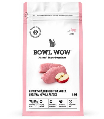 Bowl Wow сухой корм для взрослых кошек Индейка, курица, яблоко