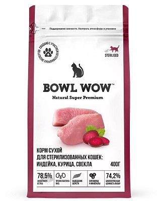 Bowl Wow сухой корм для стерилизованных кошек Индейка, курица, свекла