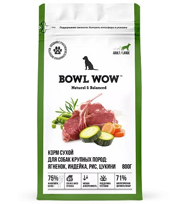 Bowl Wow сухой корм для собак крупных пород Ягненок, индейка, рис и цукини