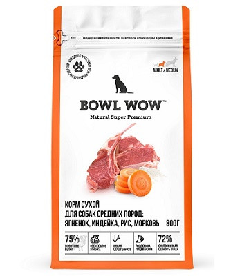 Bowl Wow сухой корм для собак средних пород Ягненок, индейка, рис и морковь