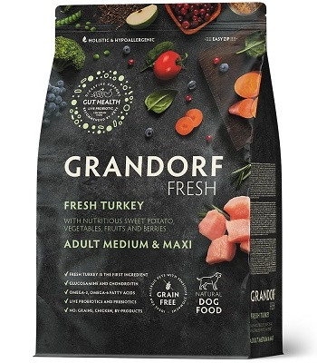 Grandorf Fresh Adult Medium&Maxi беззерновой корм с живыми пробиотиками для собак Индейка