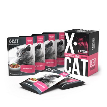 X-CAT набор паучей для стерилизованных кошек Лосось 5+1