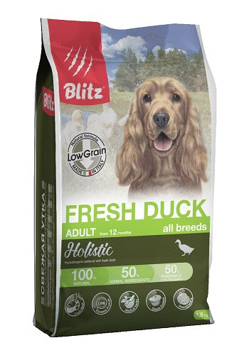 Blitz Holistic Fresh Duck низкозерновой сухой корм для собак всех пород с уткой