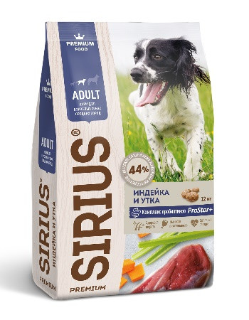 Sirius сухой корм для взрослых собак средних пород Индейка и утка